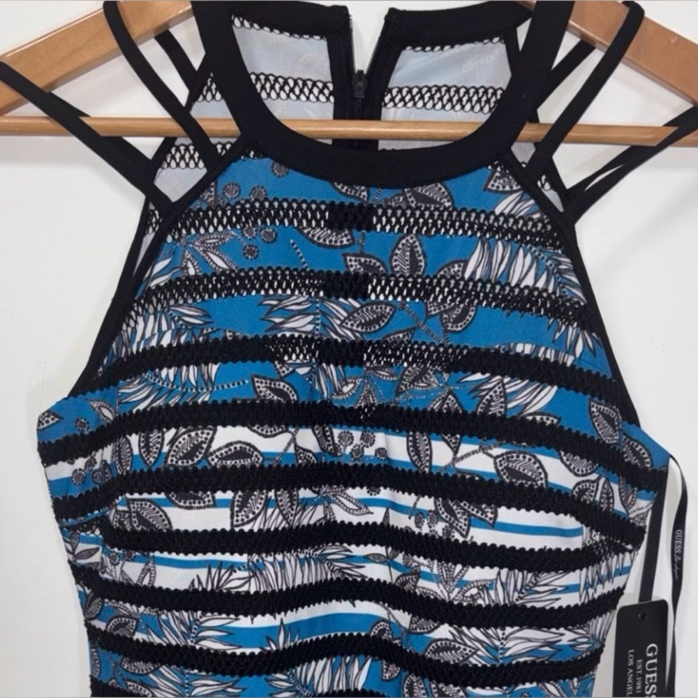 Guess Black, Blu & White Striped, Lace & Mesh Inserts Bodycon Sheath Dress NWT 4 - Picture 4 of 5